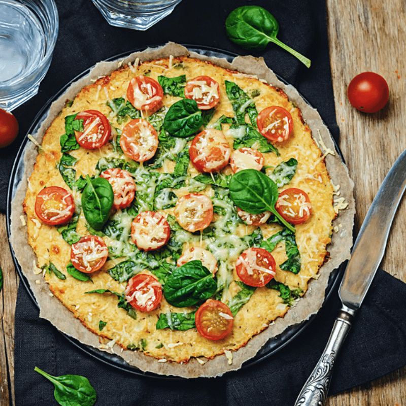 Tellerspione KW 31 - 2017 Vorschaubild LCHF-Pizza mit Spinat und Tomaten