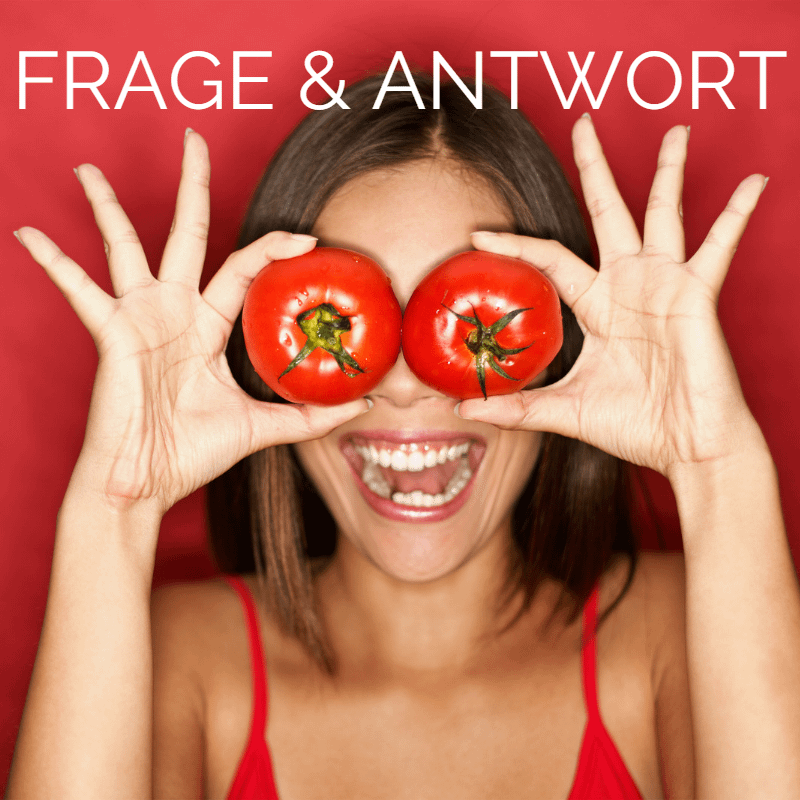 FAQ mit Schrift Frau mit Tomaten auf den Augen quadratisch