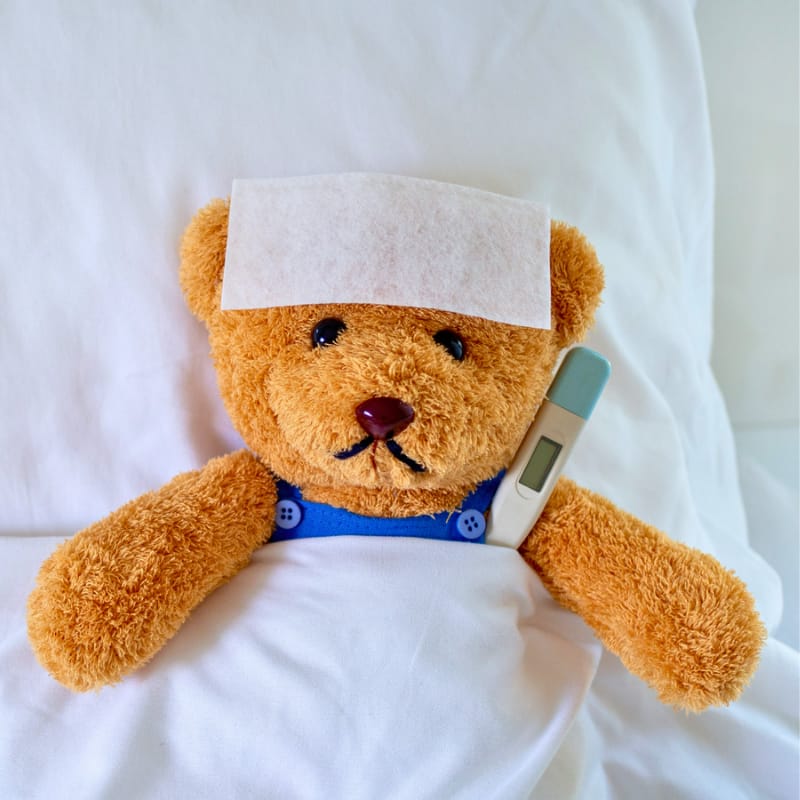 Grippaler Infekt beim Abnehmen - Kranker Teddy im Bett