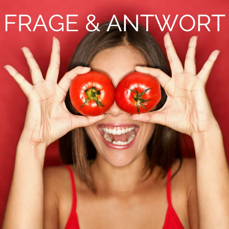 FAQ mit Schrift Frau mit Tomaten auf den Augen quadratisch
